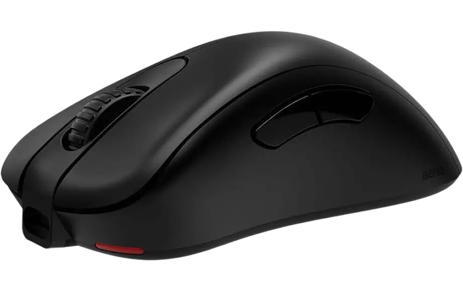 Een strakke zwarte gamingmuis met ergonomische rondingen, voorzien van zijknoppen en een scrollwiel met structuur. Het ontwerp straalt een minimalistische, moderne uitstraling uit