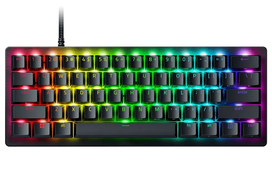 Compact mechanisch toetsenbord met RGB-verlichte toetsen die een kleurenspectrum van rood tot blauw weergeven, wat zorgt voor een levendige en moderne gaming-look