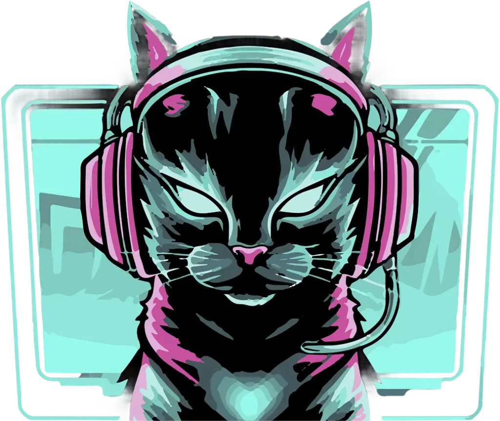 Illustratie van een gestileerde zwarte kat met een roze koptelefoon met microfoon. De kat heeft gloeiende ogen en staat afgebeeld tegen een blauwgroene achtergrond, wat een technologische sfeer creëert