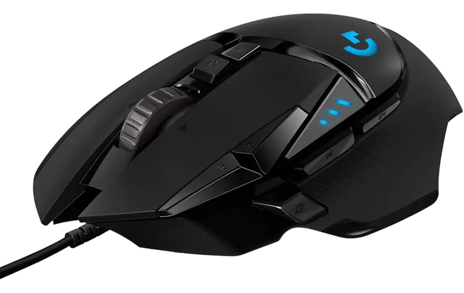 Een strakke zwarte gamingmuis met meerdere knoppen en een scrollwiel. De muis is voorzien van blauwe ledlampjes en een verlicht logo, wat een moderne, technologische uitstraling geeft
