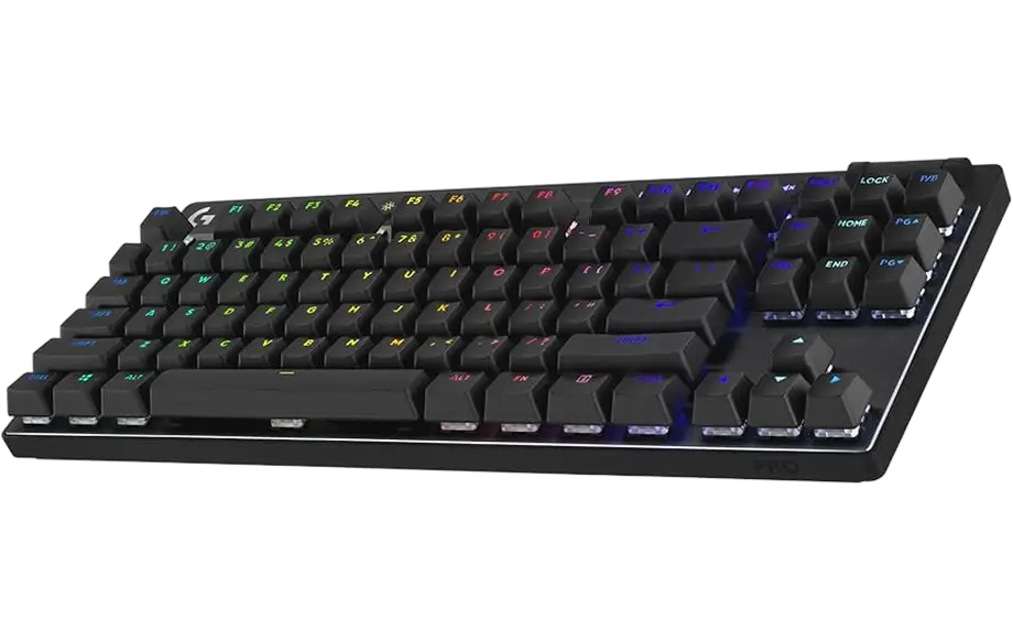 Een compact, zwart gamingtoetsenbord met levendige RGB-achtergrondverlichting. De toetsen lichten op in verschillende kleuren, wat zorgt voor een dynamische en moderne uitstraling