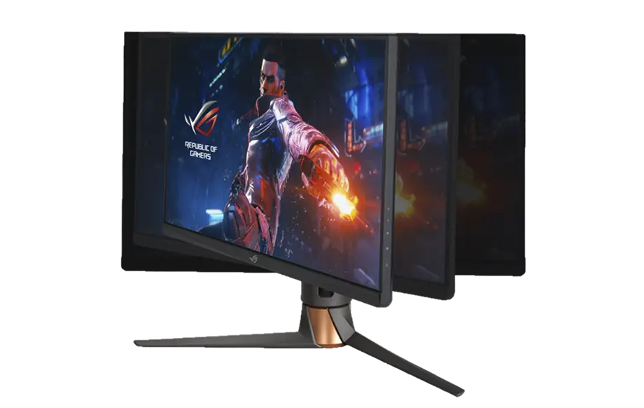 Op een gamingmonitor is een spannende scifi-scène te zien waarin een gepantserd personage een wapen afvuurt, met het logo “Republic of Gamers”. Het beeld is levendig en dynamisch