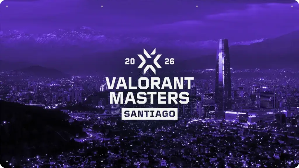 Een paars getint stadsgezicht van Santiago bij nacht met de tekst “Valorant Masters 2026” eroverheen. Hoge wolkenkrabber, bergachtige achtergrond; futuristische en levendige sfeer